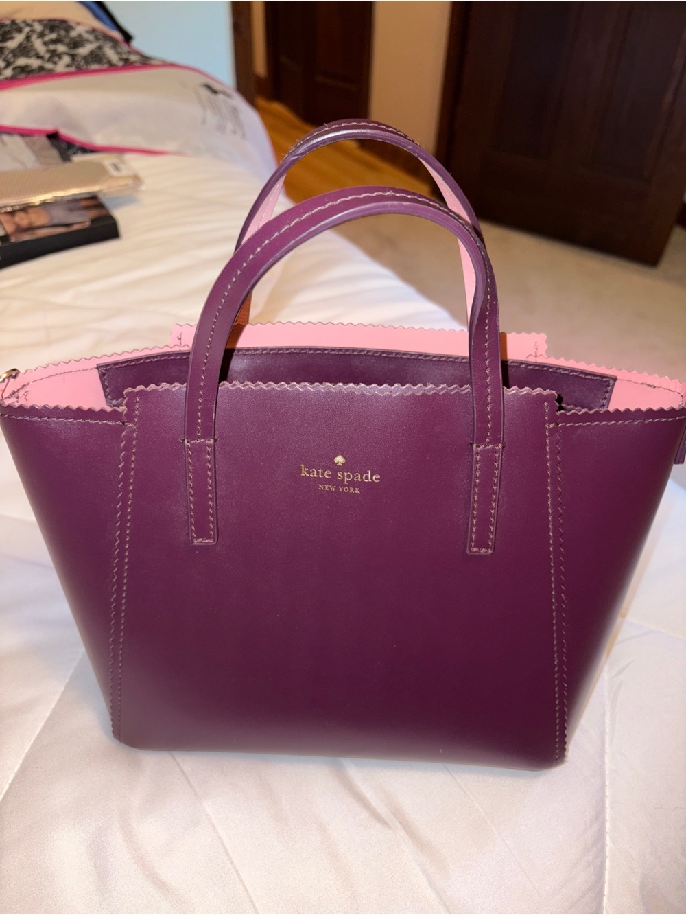 kate spade Plum Purple Leather Tote with Pink Interior